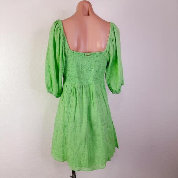 Billabong Sol Gauzy Puff Sleeve Mini Dress Bright Meadow Green Summer Size L NEW - Picture 6 of 12